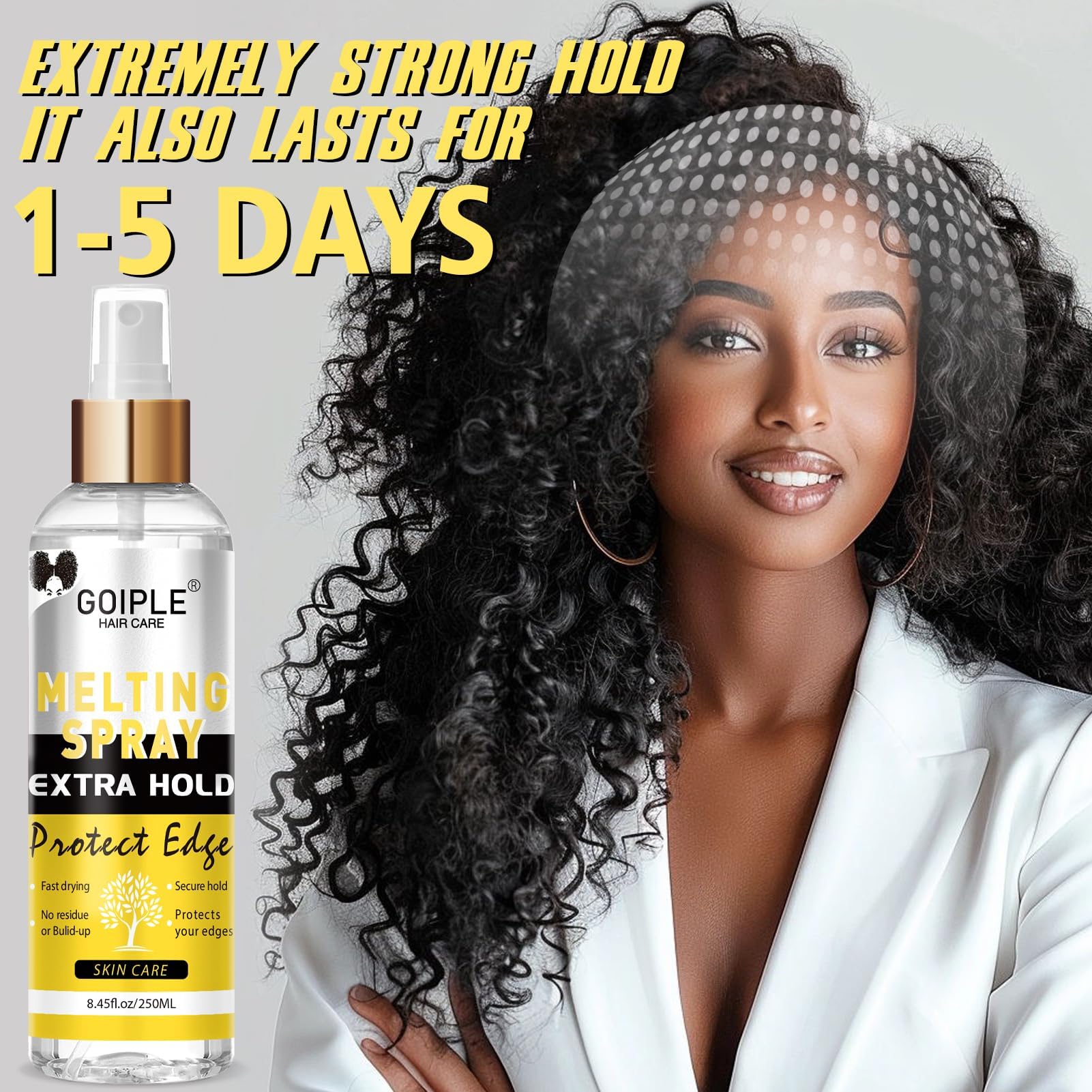 Goiple Lace Melting Spray dries quickly to save styling time.