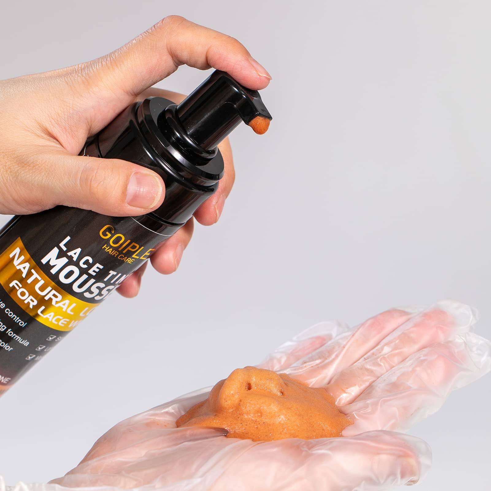Goiple Lace Tint Mousse on wig achieves a natural finish.