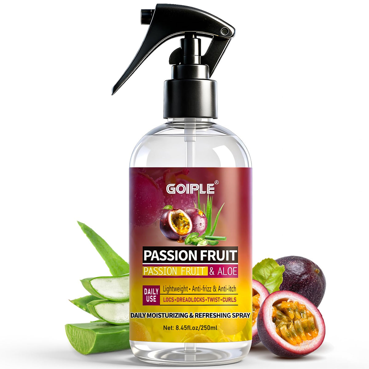 Goiple Loc Moisturizing Spray bottle revitalizes dull locs with passion fruit oil.