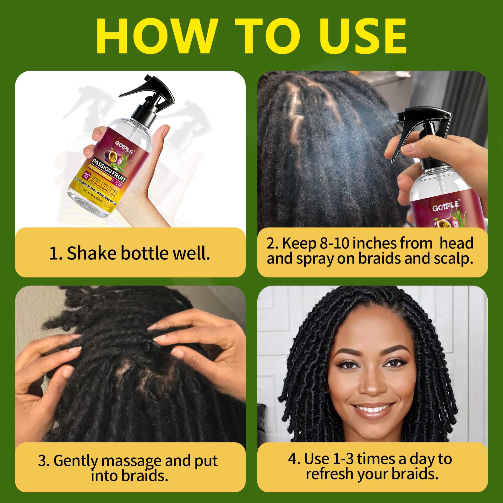 Goiple Loc Moisturizing Spray on sisterlocks refreshes scalp and eases dryness.