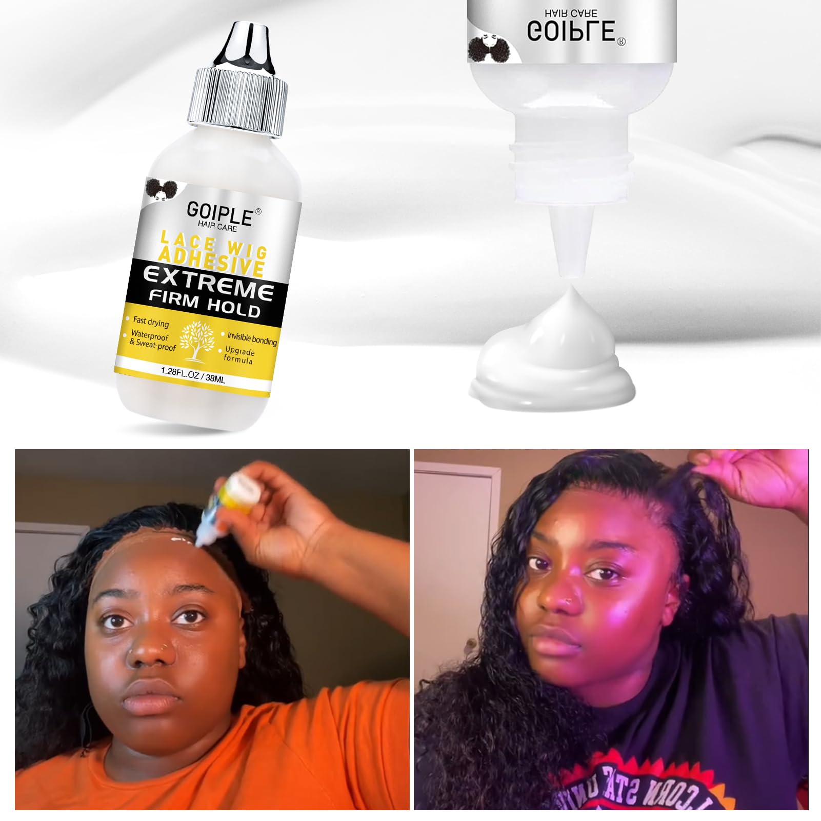Goiple waterproof lace glue provides a strong hold even in moisture rich conditions.