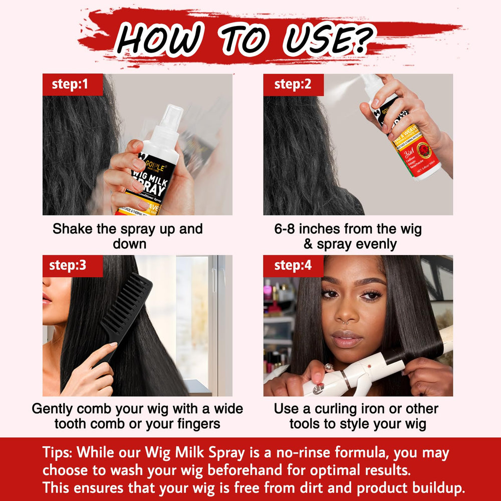 Goiple Wig Milk Spray on human wig provides hydration and subtle shine.