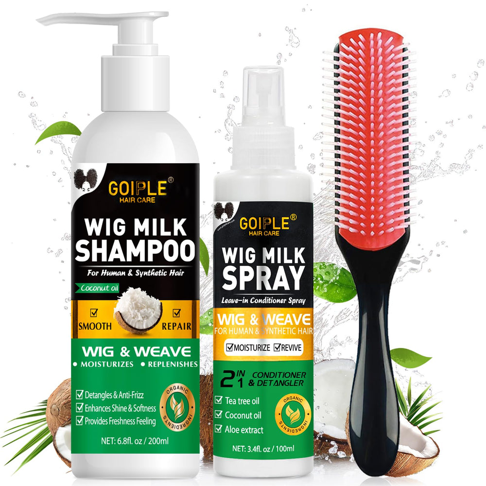 Goiple Wig Shampoo bottle shows gentle cleansing for synthetic wigs