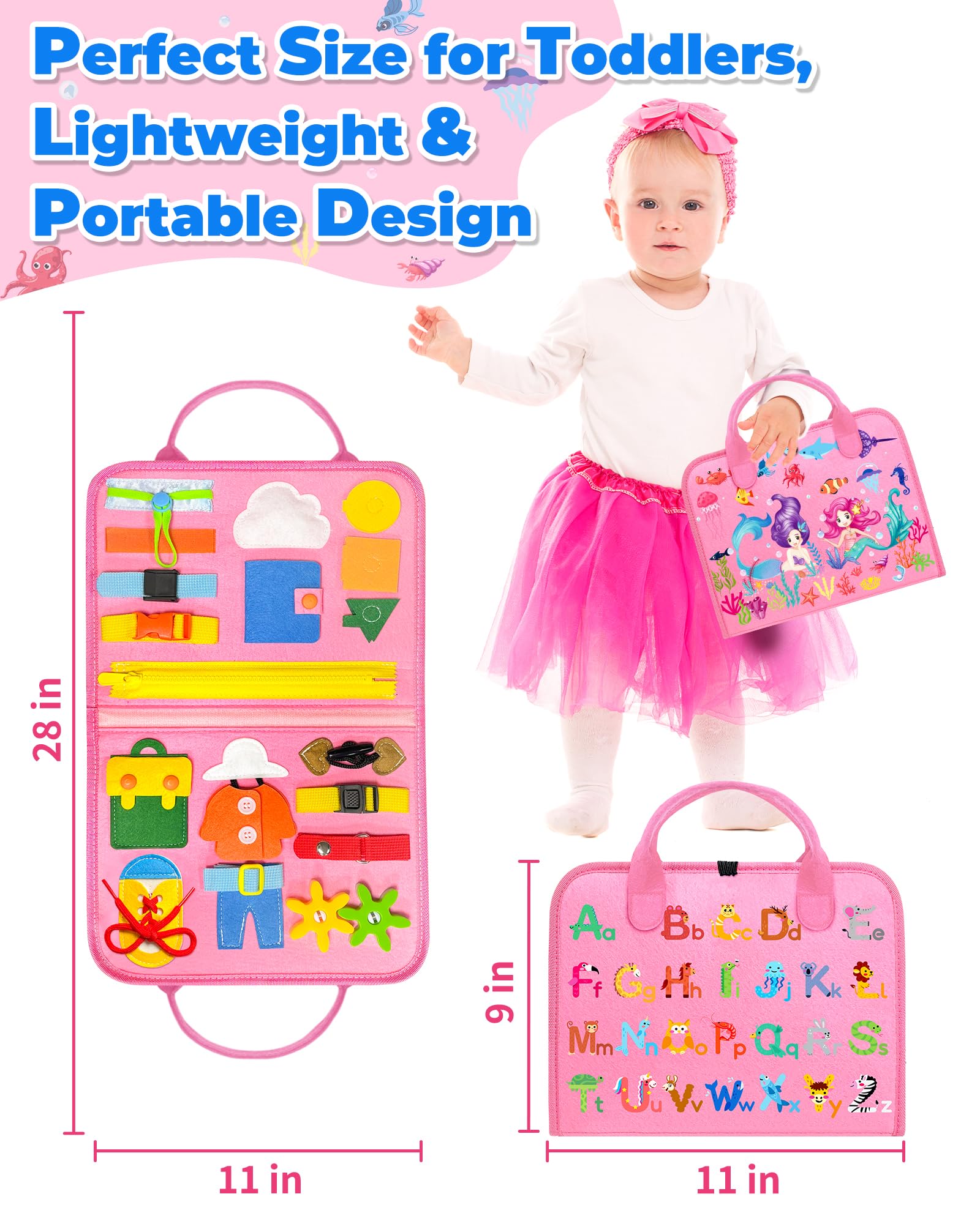 Gojmzo Busy Board safe felt materials with reinforced seams for durable play.