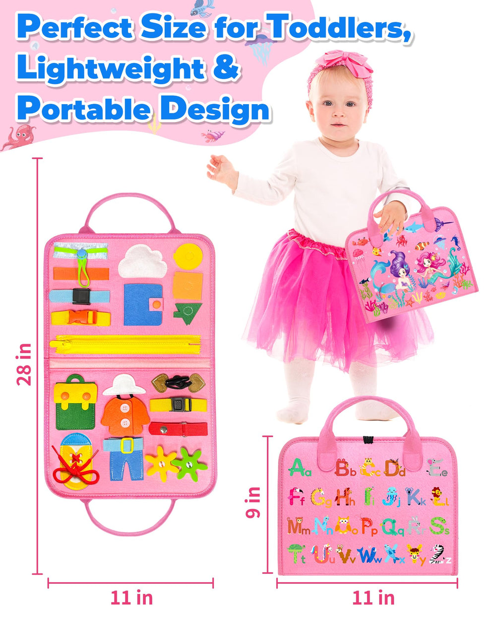 Gojmzo Busy Board safe felt materials with reinforced seams for durable play.