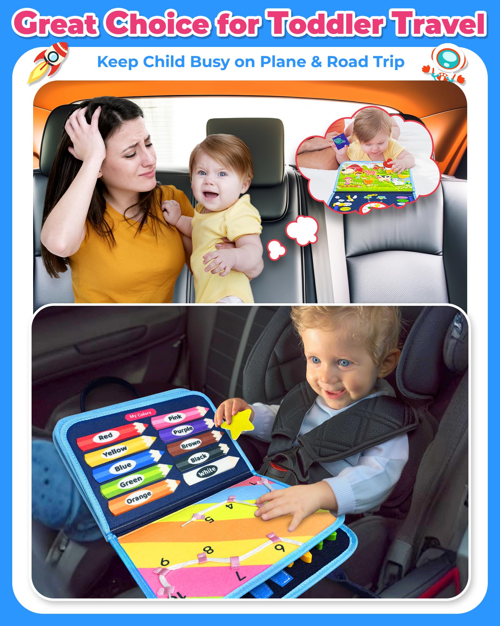 Gojmzo Busy Board shoelace activity improves hand-eye coordination for travel