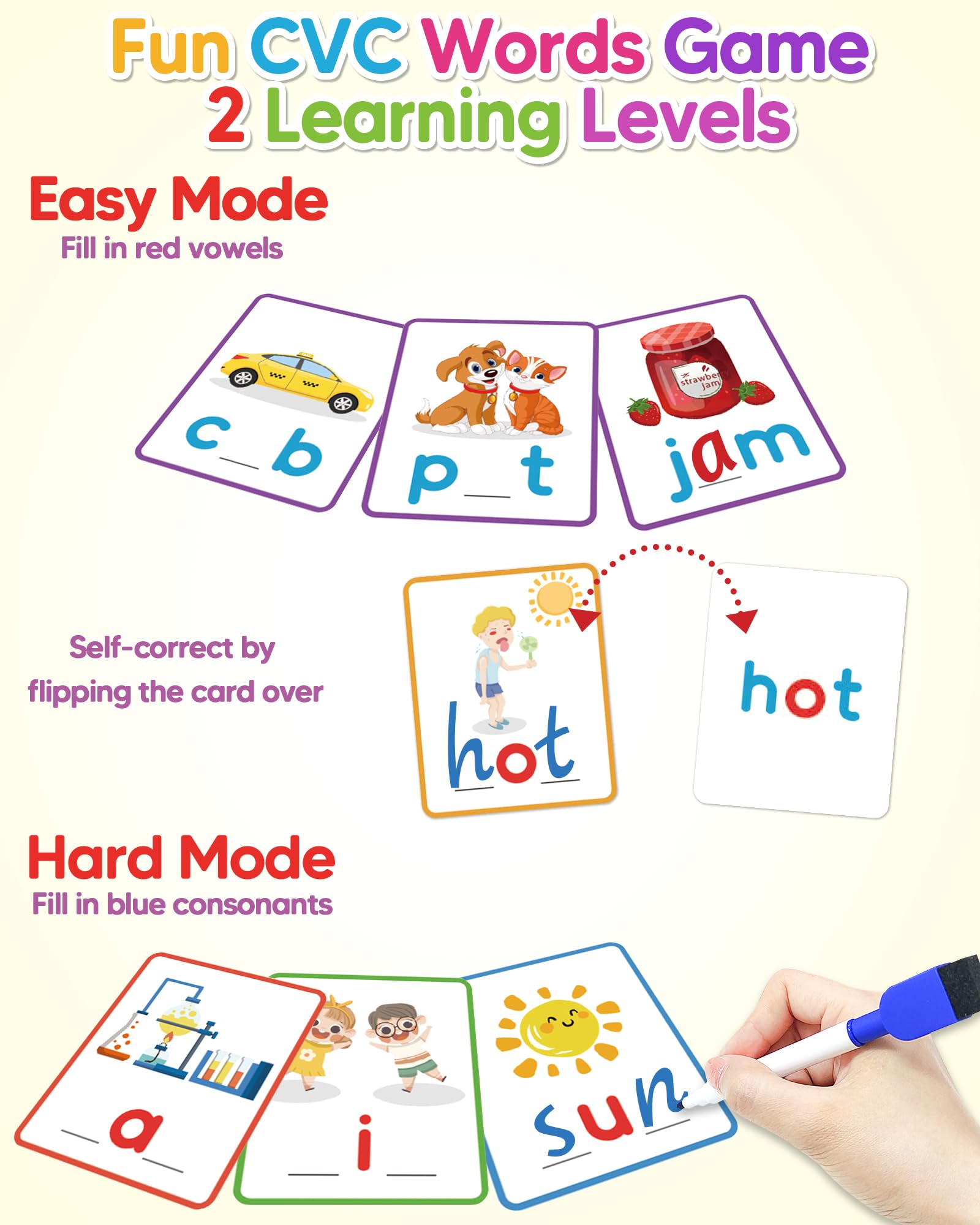 Gojmzo CVC flashcards feature missing beginning and ending letters.