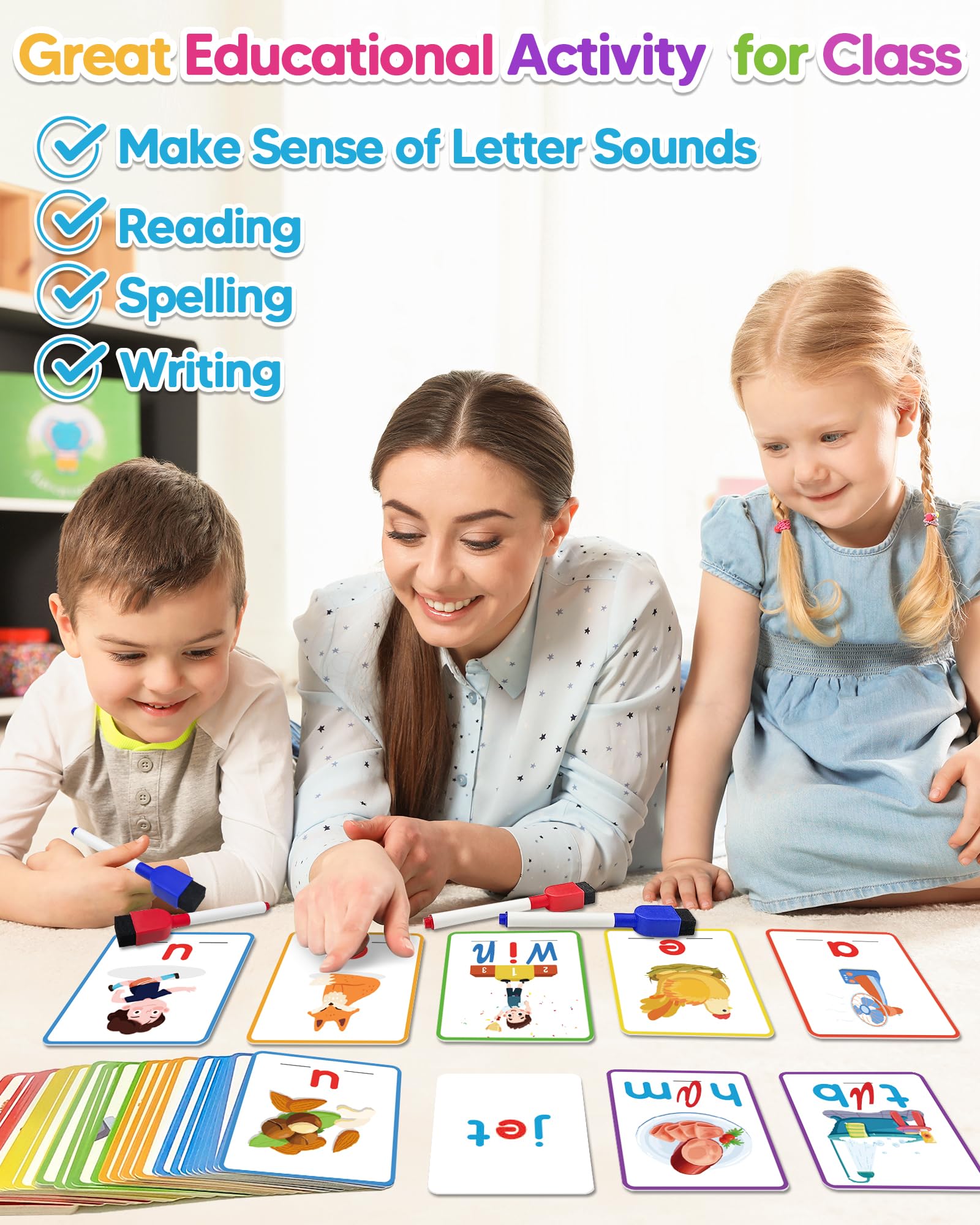 Gojmzo CVC flashcards highlight missing vowels for spelling drills.