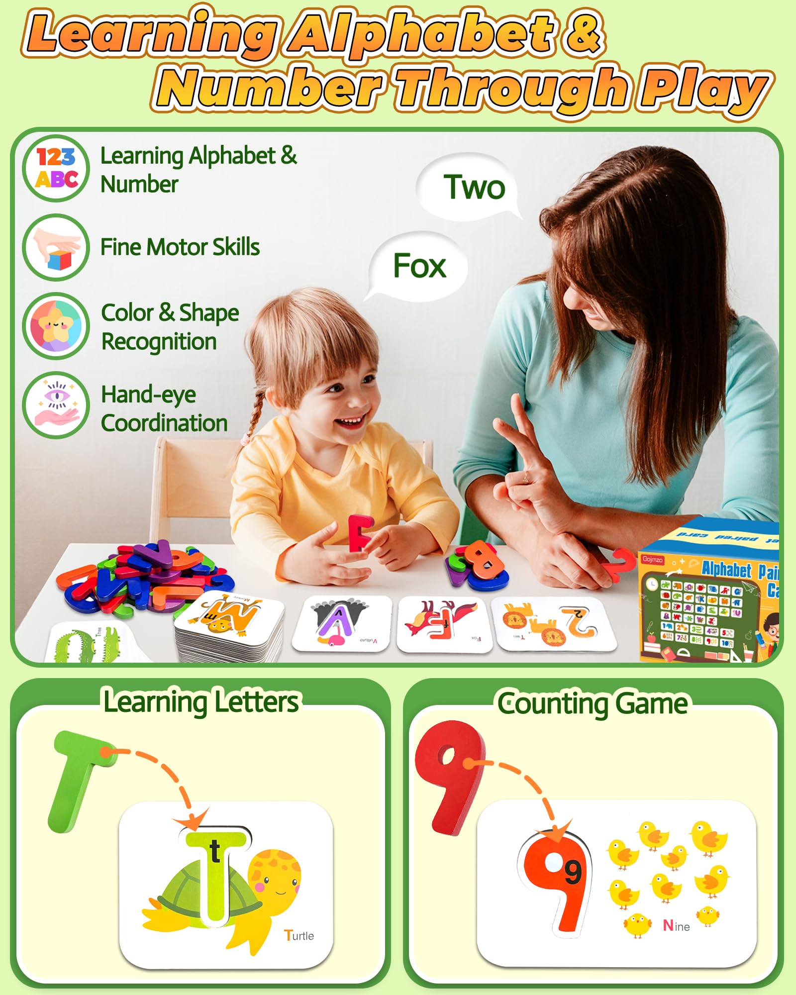 Gojmzo wooden blocks with letters and numbers encourage hands-on discovery