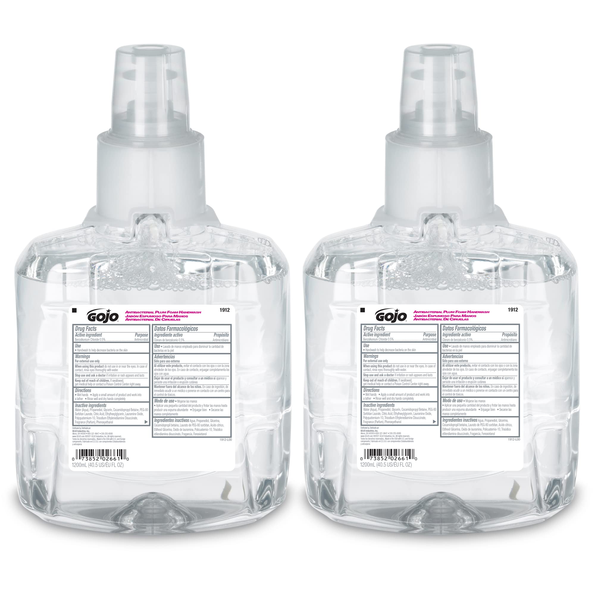 GoJO antibacterial foam handwash plum refill 1200ml with moisturizing formula for gentle cleansing.