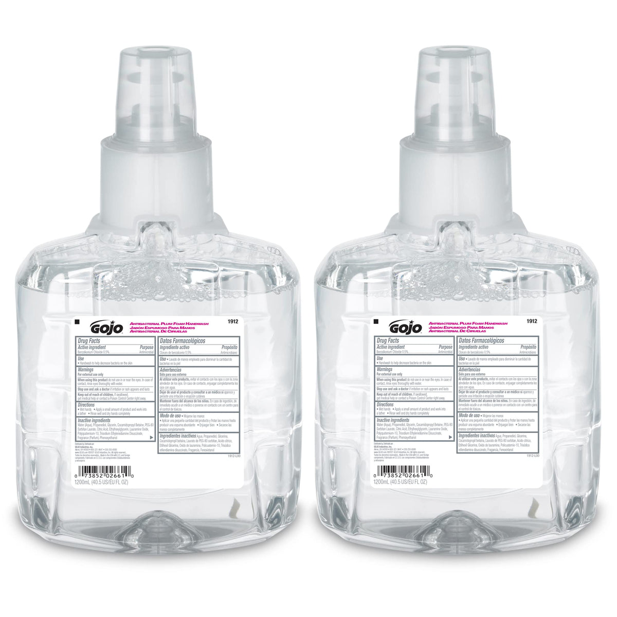 GoJO antibacterial foam handwash plum refill 1200ml with moisturizing formula for gentle cleansing.