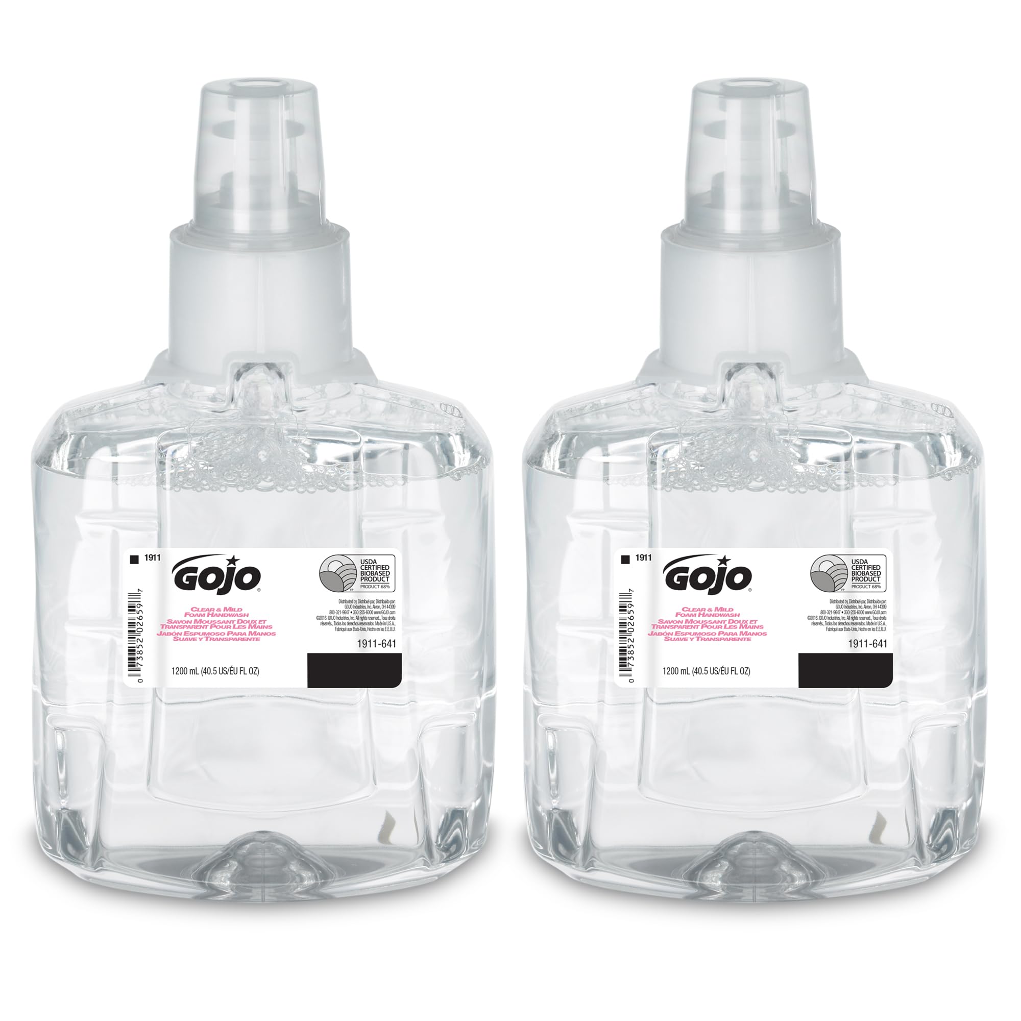 GOJO Clear & Mild foam handwash bottle, fragrance-free and dye-free for sensitive users.