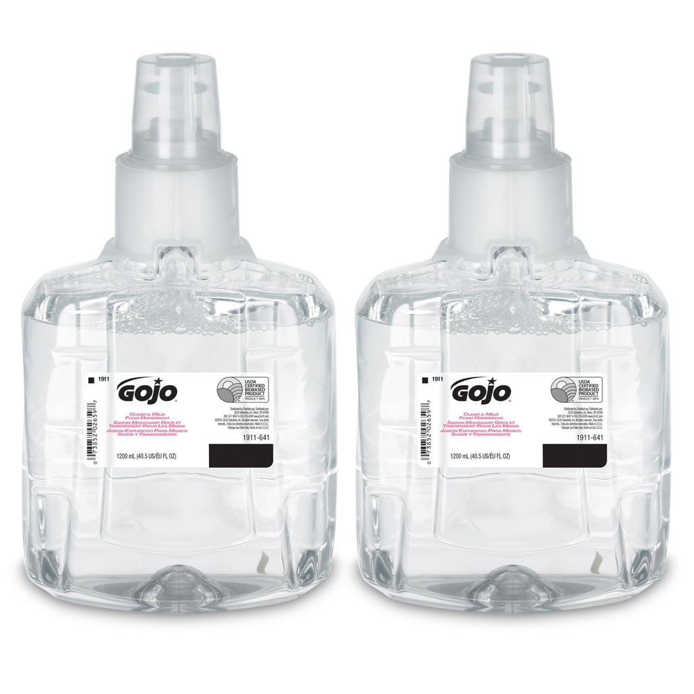 GOJO Clear & Mild foam handwash bottle, fragrance-free and dye-free for sensitive users.