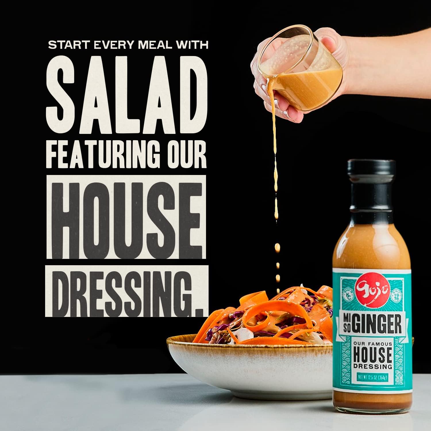 Gojo Miso Ginger Dressing over poke bowls adds savory depth