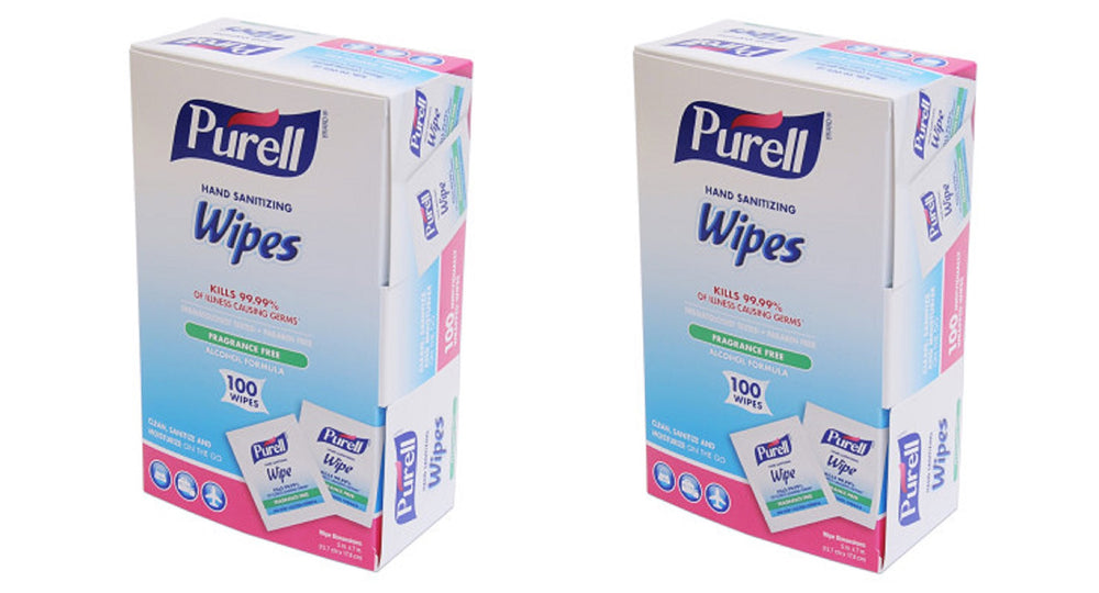 GOJO PURELL premoistened hand wipes packaging variation for versatile cleaning on the go.
