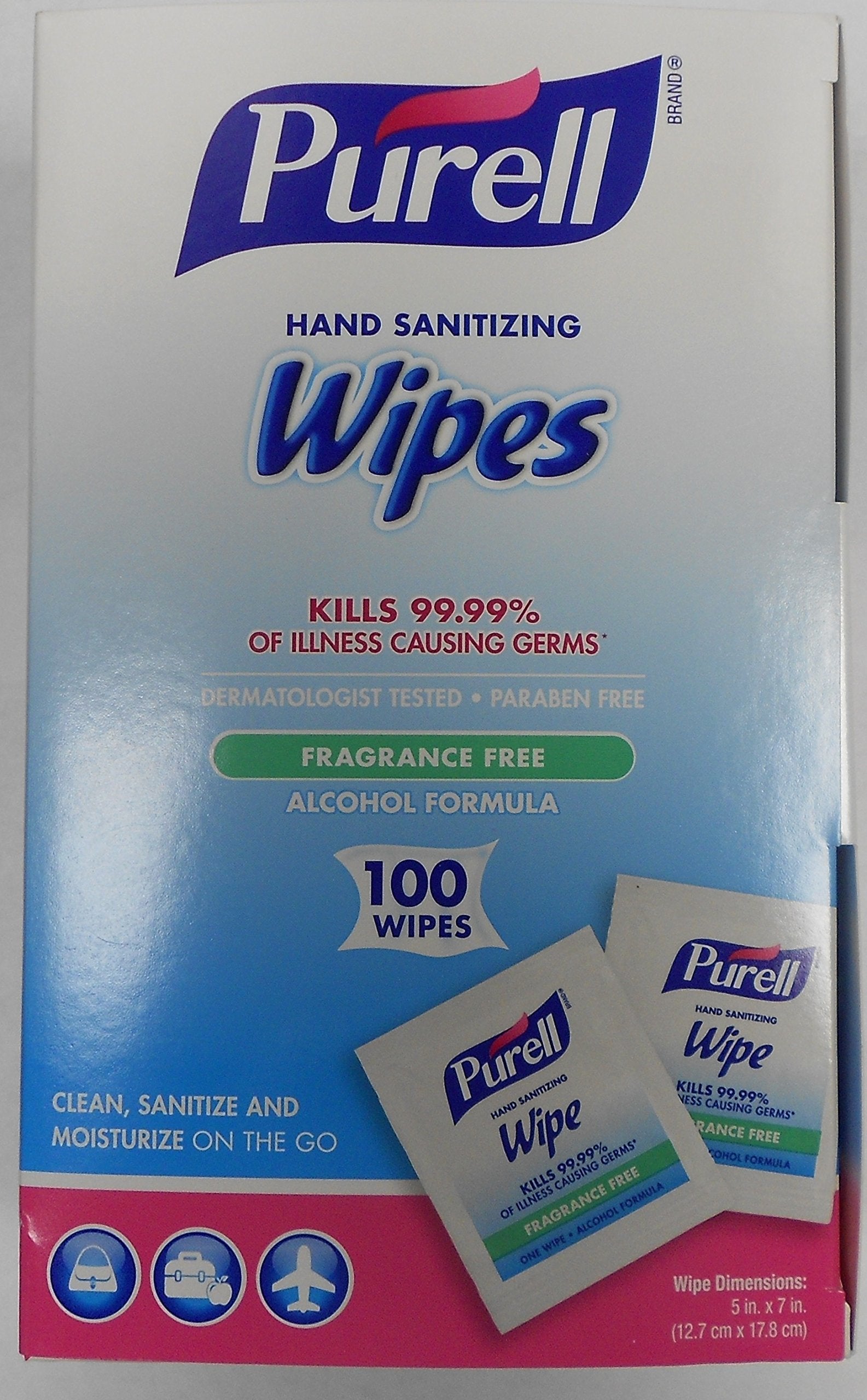 GOJO PURELL 5x7-inch wipes fit in bags for on-the-go hygiene.