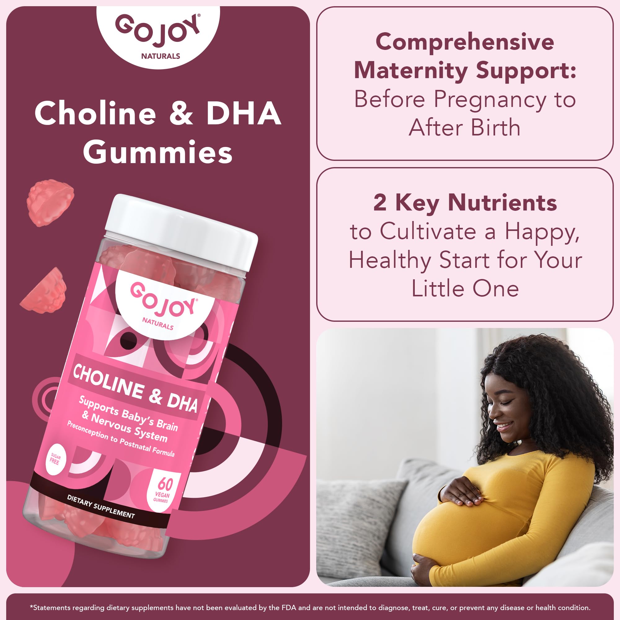 GOJOY NATURALS prenatal gummies packaging highlights sugar-free and natural flavor.