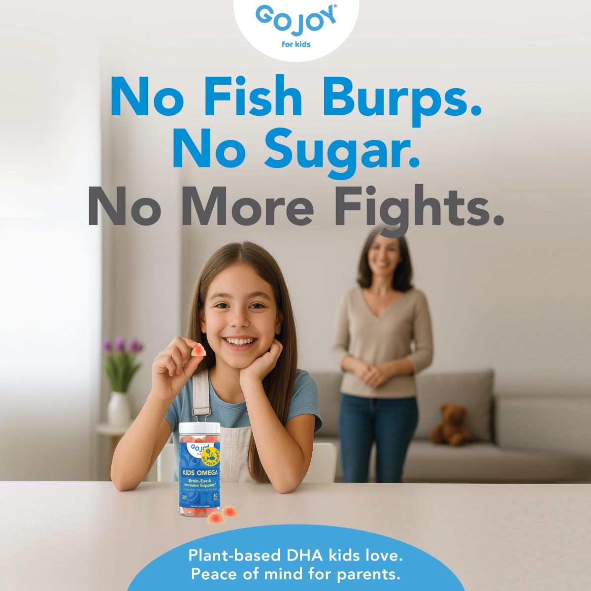 Sugar-free GOJOY NATURALS kids omega-3 gummies for healthier snacking.