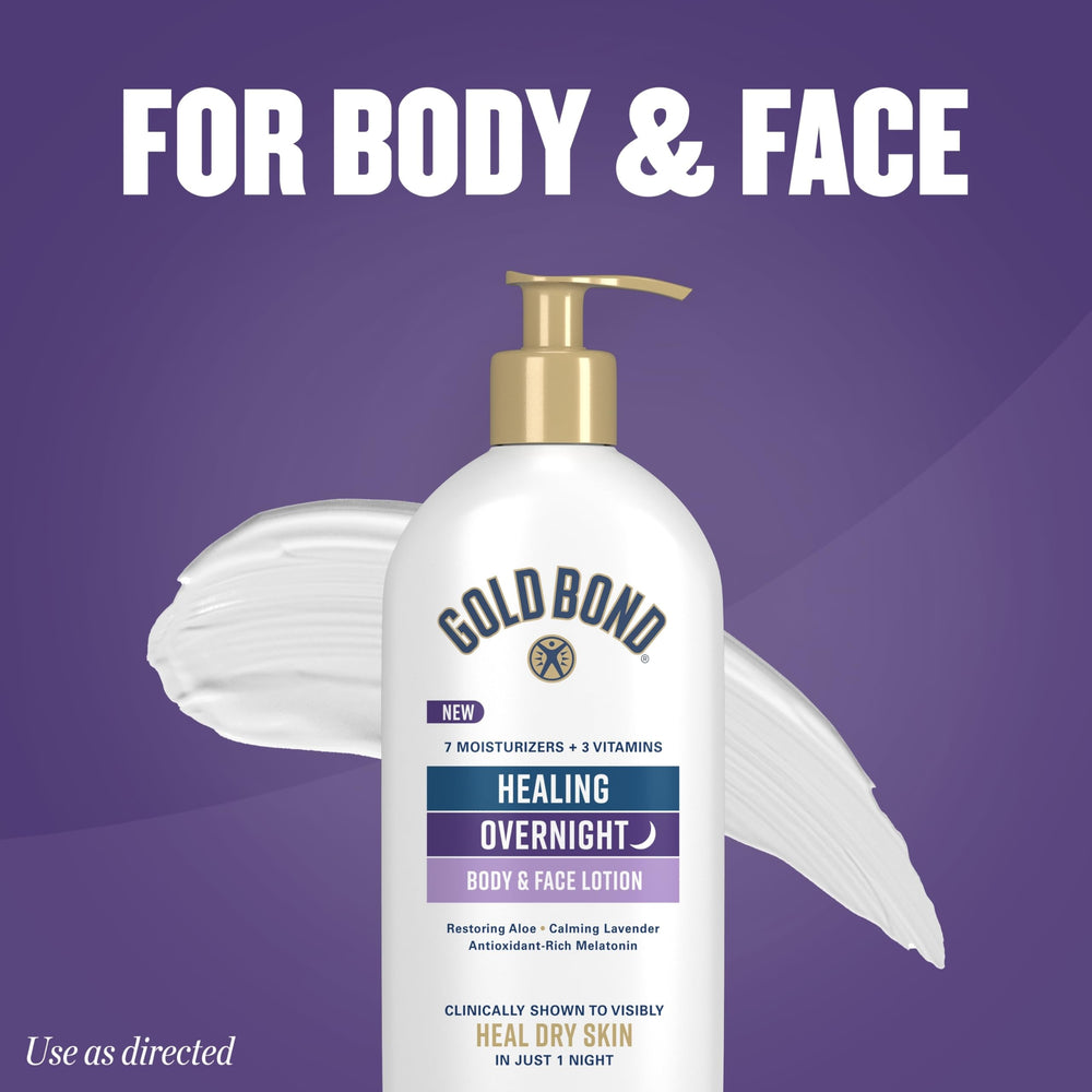 Gold Bond 13-ounce bottle displayed on bathroom vanity