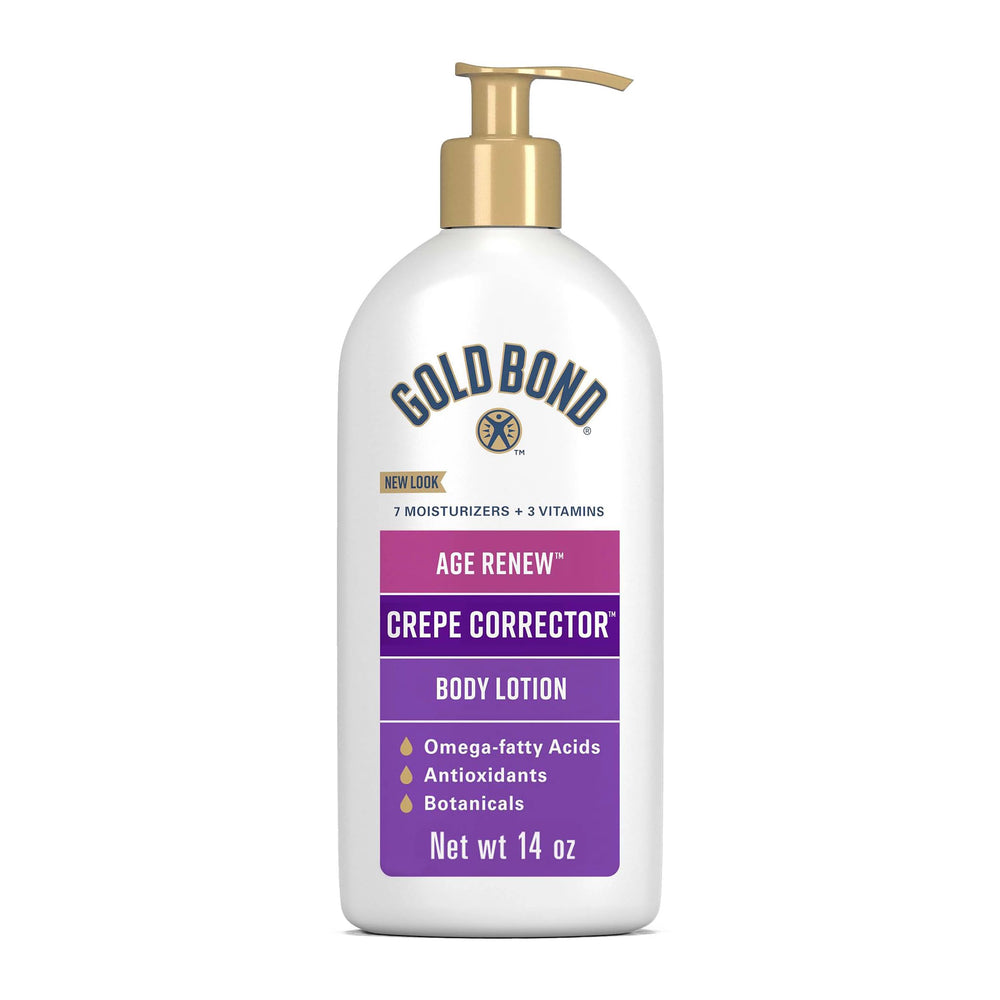 Gold Bond Age Renew Crepe Corrector Body Lotion bottle close up showing hydrating formula