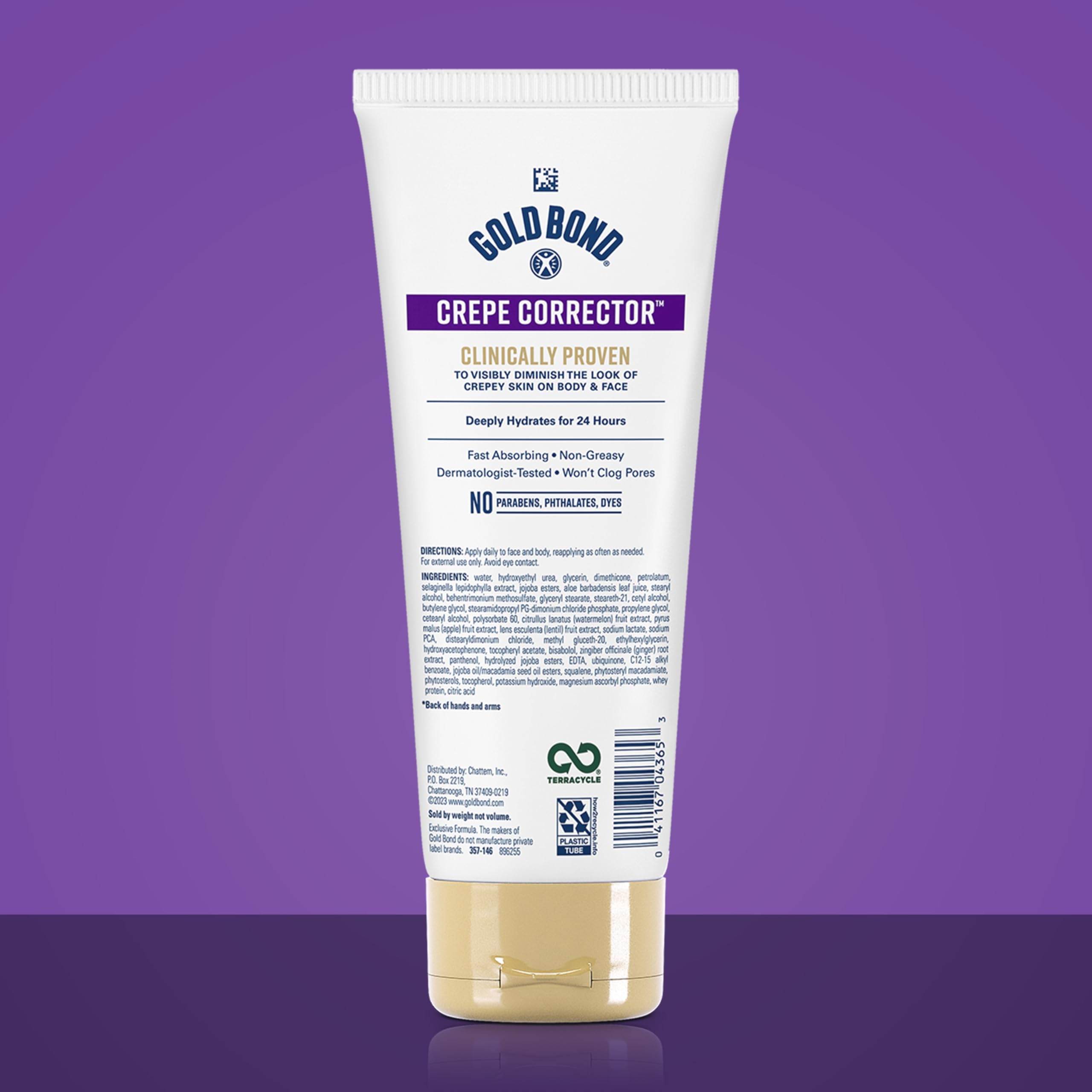 Gold Bond Age Renew Crepe Corrector bottle back shows ingredients and 8 oz size
