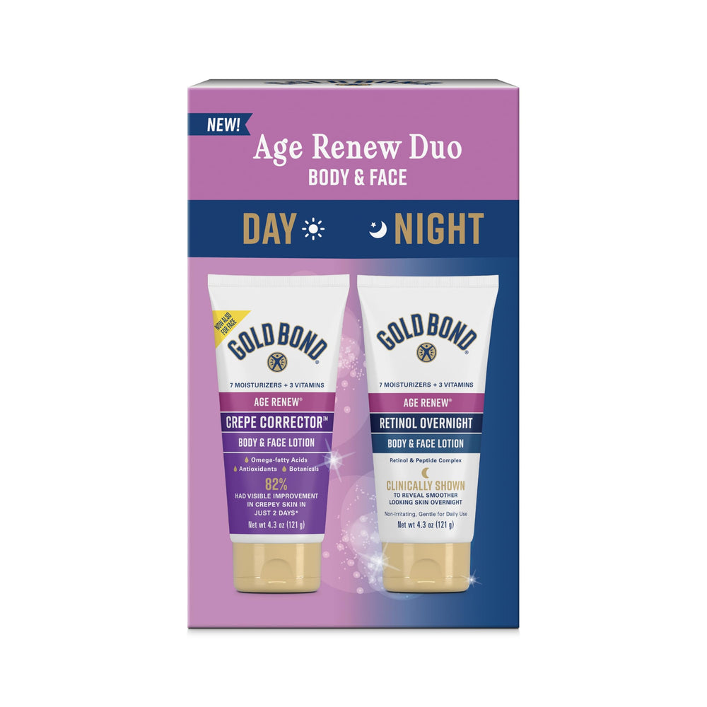 Gold Bond Age Renew Crepe Corrector bottle closeup showing 24-hour hydration for crepey skin.
