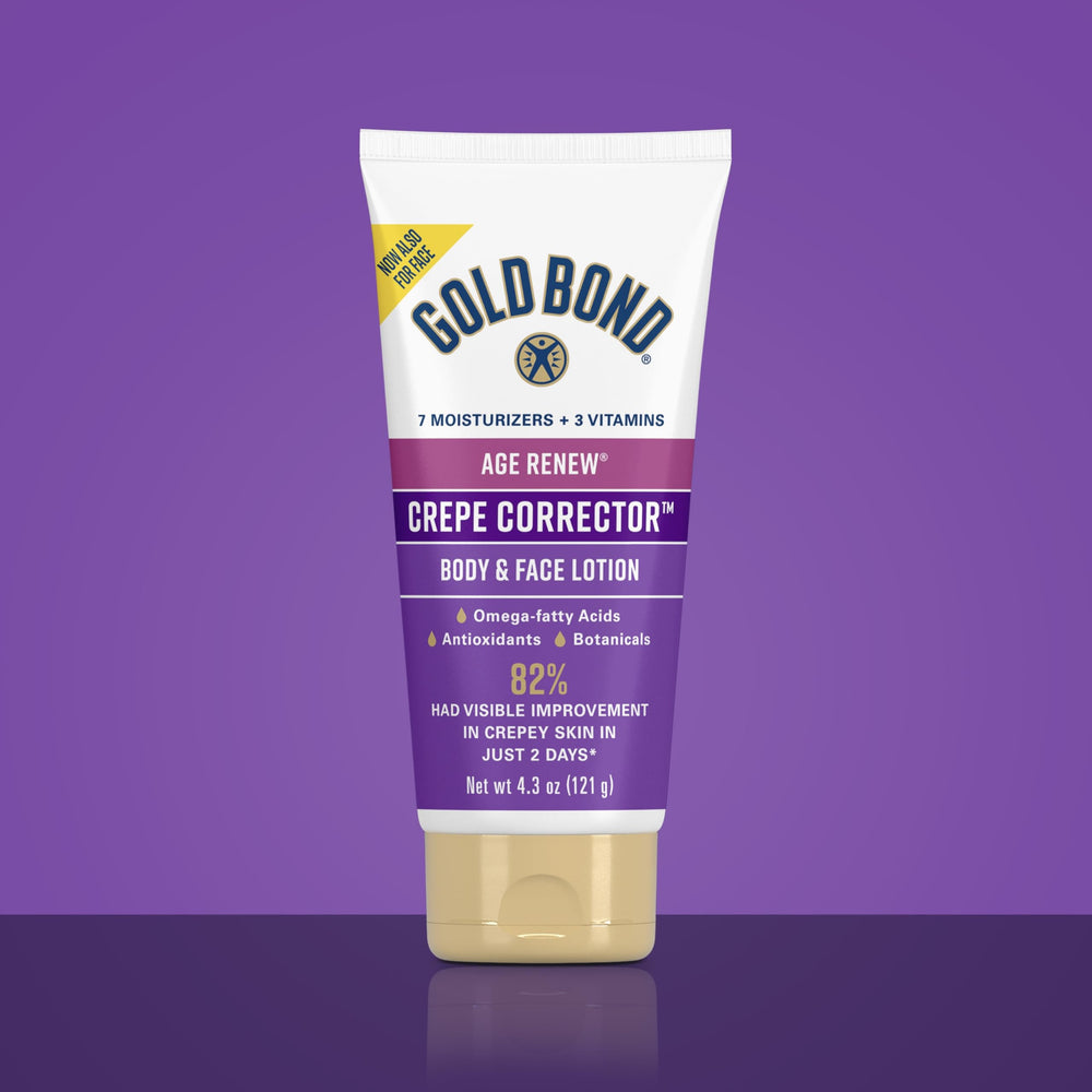 Gold Bond Age Renew Crepe Corrector face application demonstrates smooth, fragrance-free formula.