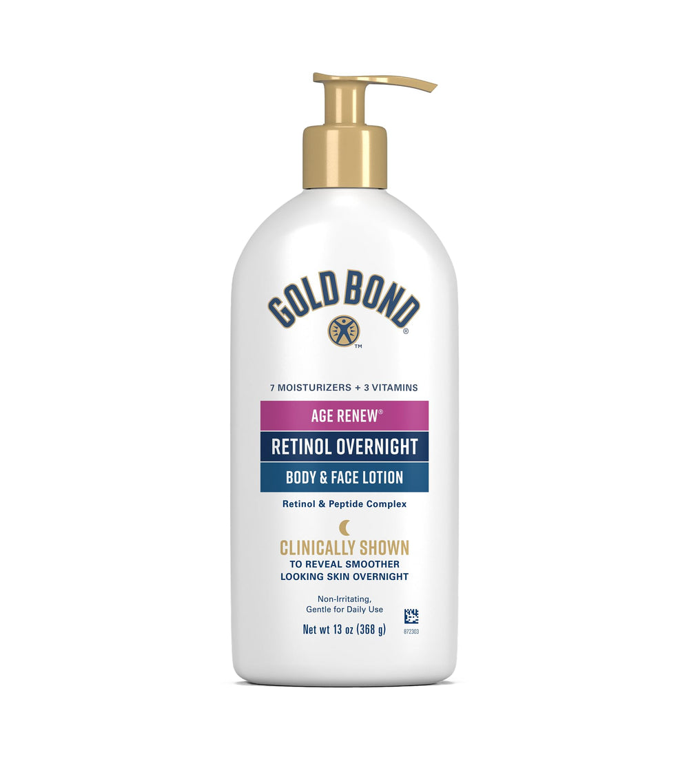 Gold Bond Age Renew Retinol Overnight bottle with pump for easy daily use.