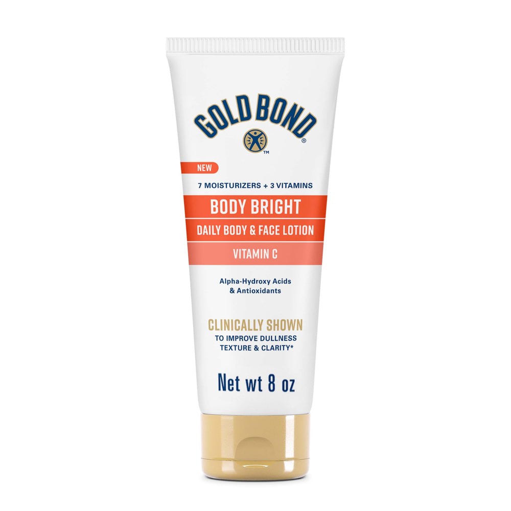 Gold Bond Body Bright daily lotion front bottle offers all-day hydration for skin.