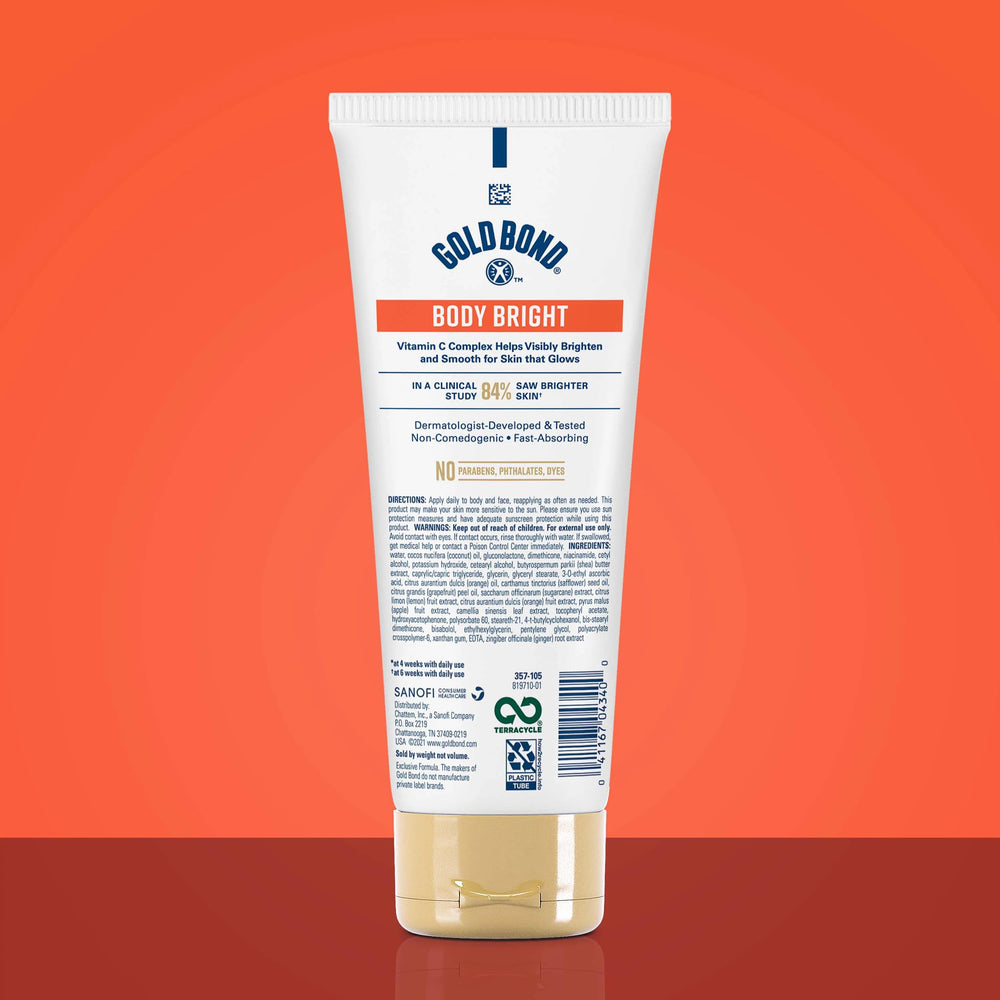 Gold Bond Body Bright label close-up highlights vitamin C complex for brightness.