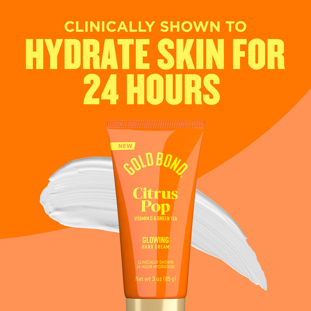 Gold Bond Citrus Pop Glowing Hand Cream provides 24-hour hydration for hands.