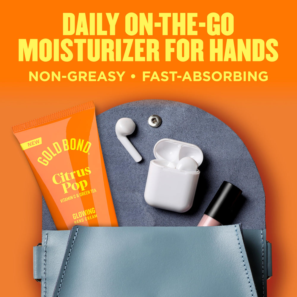 Gold Bond Citrus Pop Glowing Hand Cream with green tea for environmental stress protection.