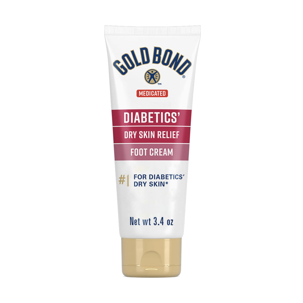 Gold Bond Diabetics Dry Skin Relief Foot Cream tube targeting dry feet for soothing moisture.