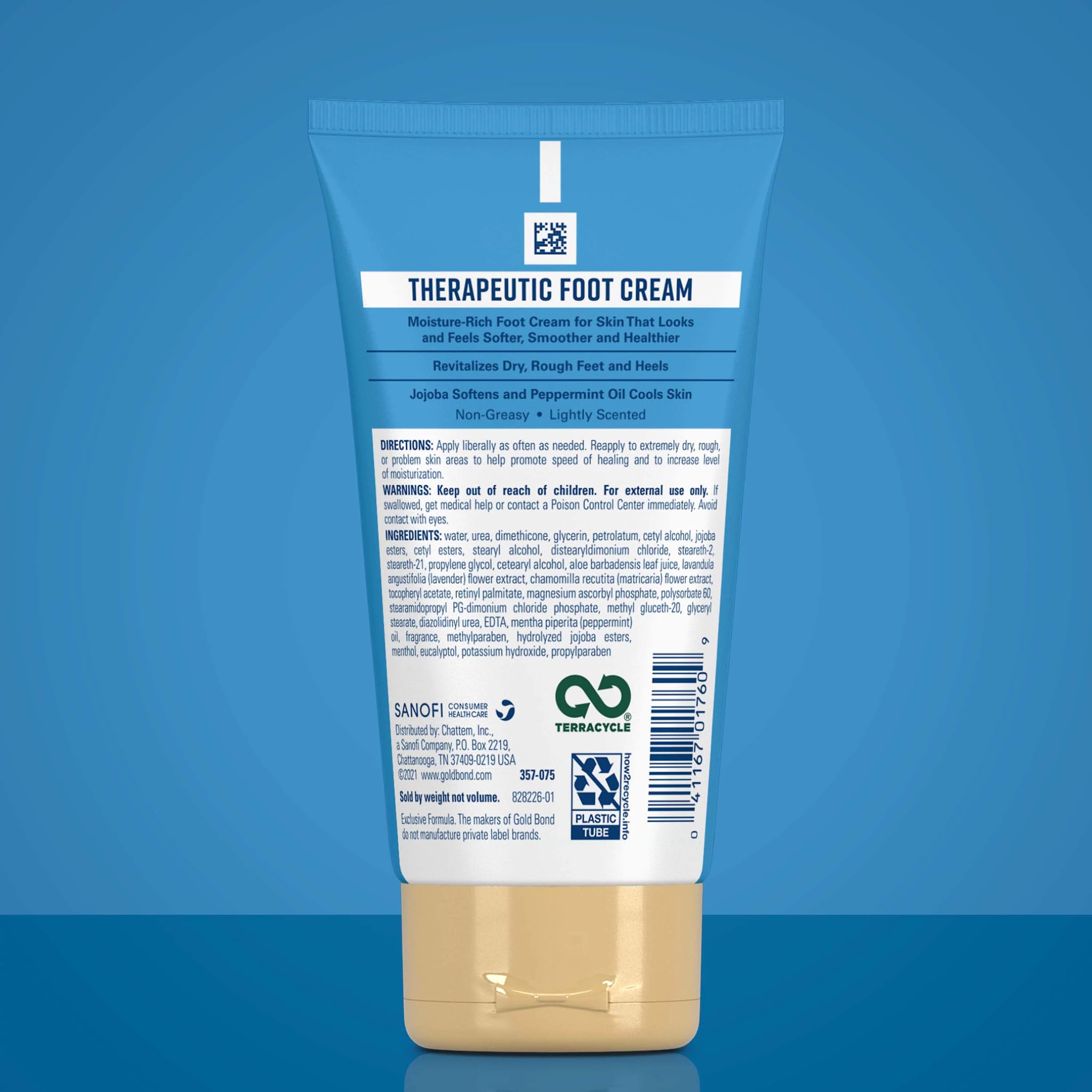 Close-up of nongreasy texture on skin after applying Gold Bond Foot Cream.