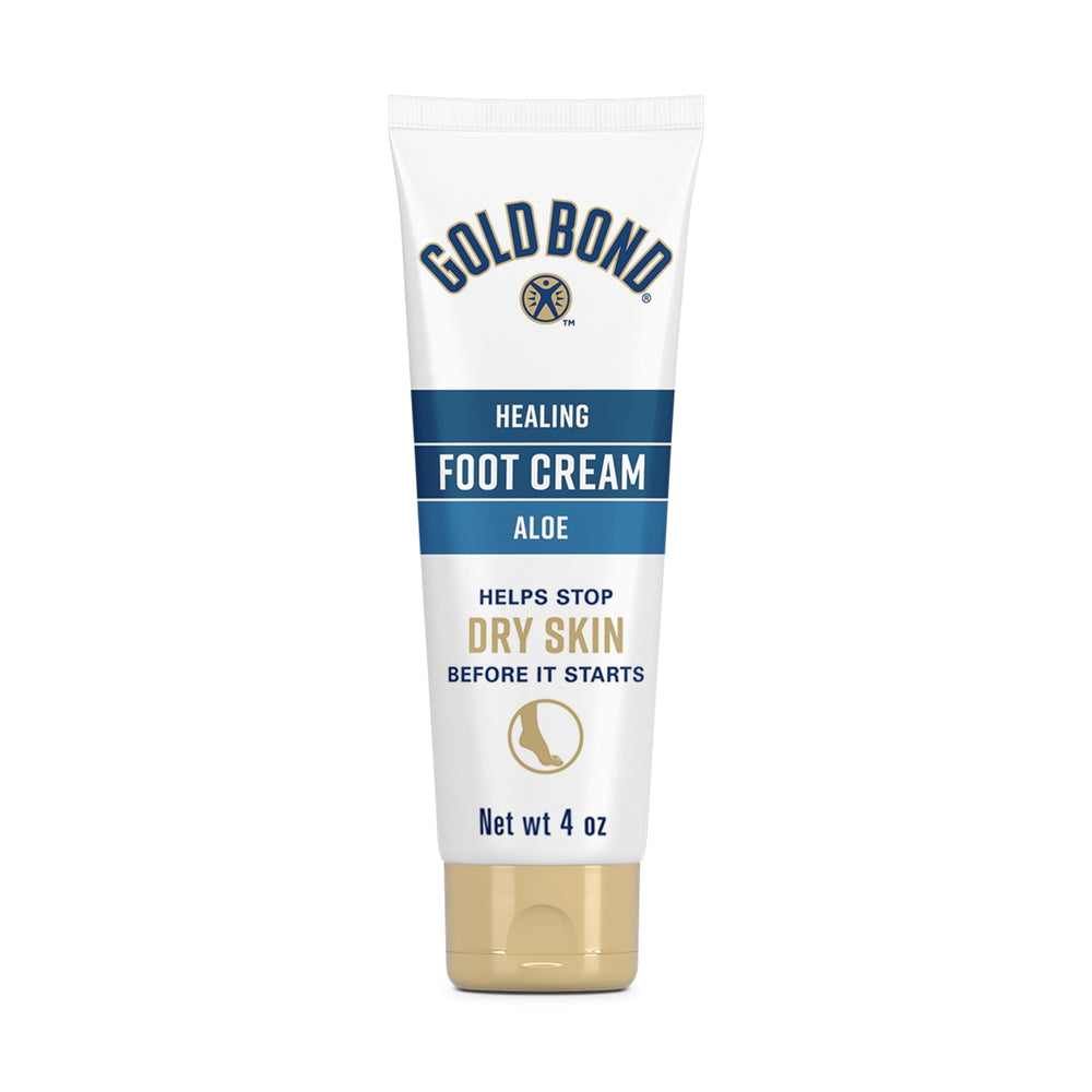 Gold Bond Healing Foot Cream aloe bottle shown for daily foot care and hydration.