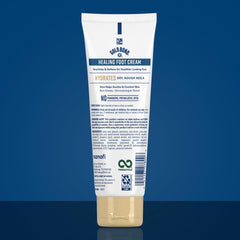 Gold Bond Healing Foot Cream application steps demonstrate easy smoothing on dry feet.