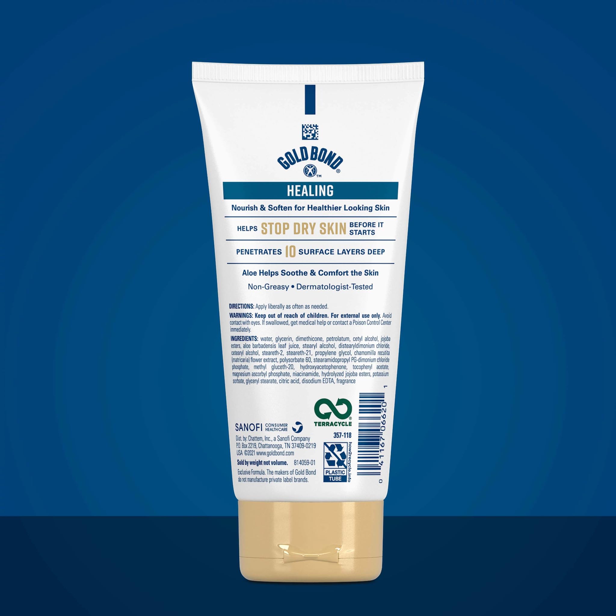 Gold Bond Healing Lotion label close-up highlights aloe and vitamins for nourished skin.