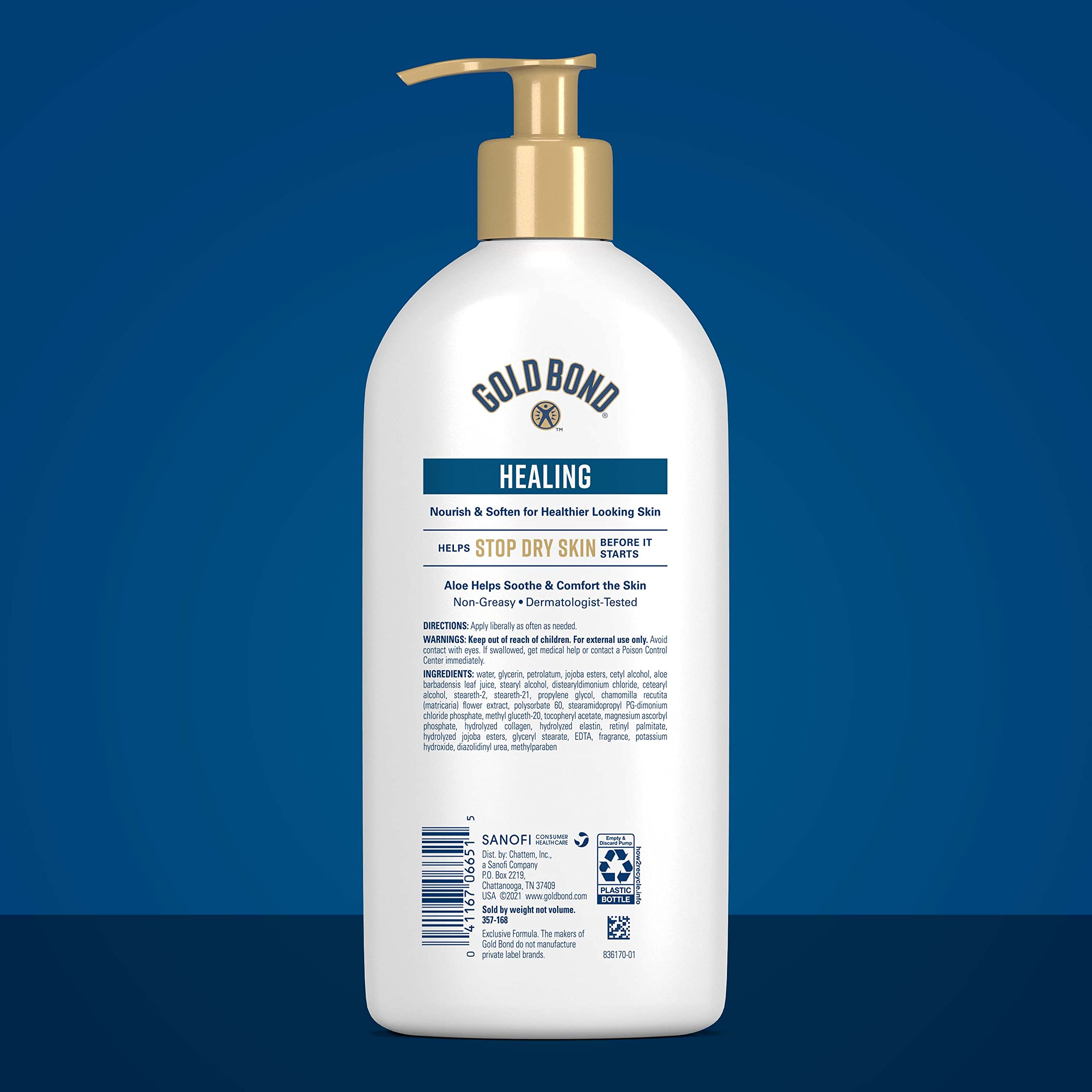 Gold Bond Healing Hydrating Lotion label closeup showing nourishing formula