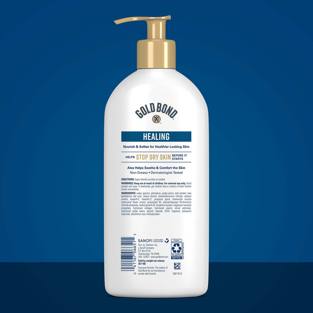 Gold Bond Healing Hydrating Lotion label closeup showing nourishing formula