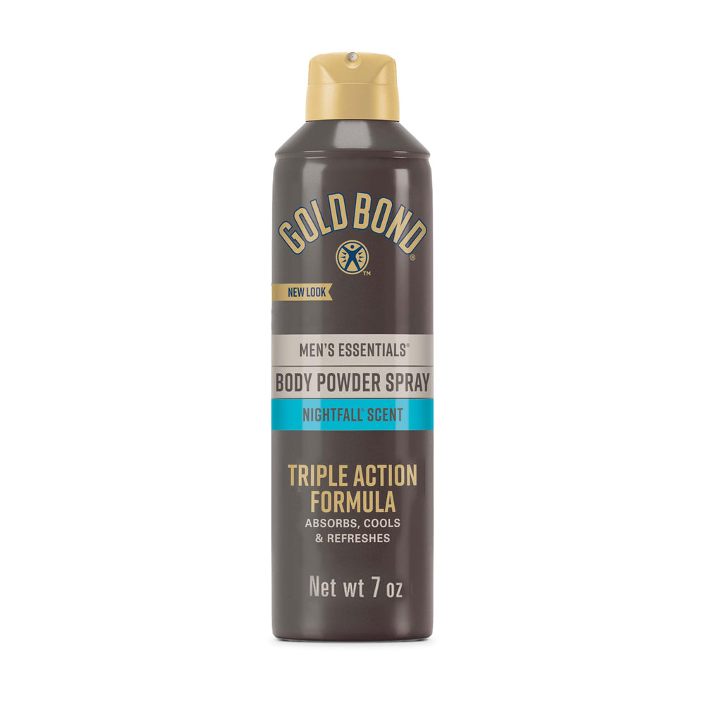 Gold Bond Men's Essentials Recharge spray bottle delivering a cooling, dry feel after workouts.