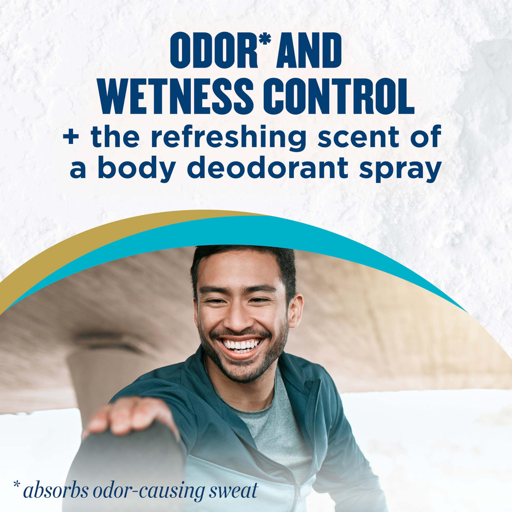 Gold Bond Men's Essentials absorbent spray protects against moisture and odor for daily wear.