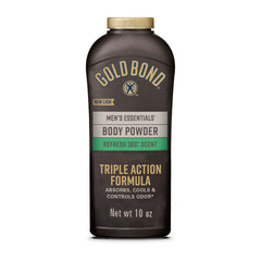 Gold Bond Men's Essentials Refresh 360 bottle shown for lasting moisture control.
