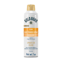 Gold Bond No Mess Clear Spray Bottle shows mess-free, all-over body cooling.