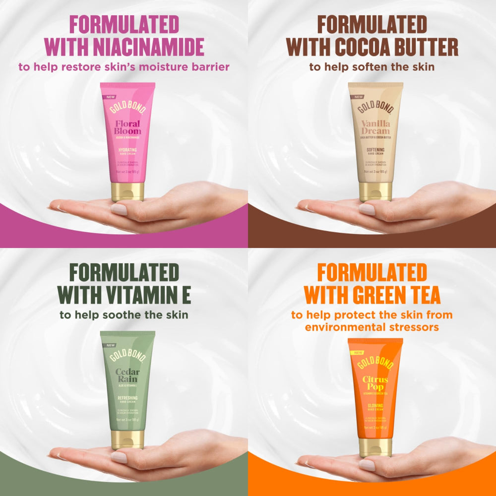 Gold Bond Scented Hand Cream Cedar Rain pack wrap supports travel-ready moisture.
