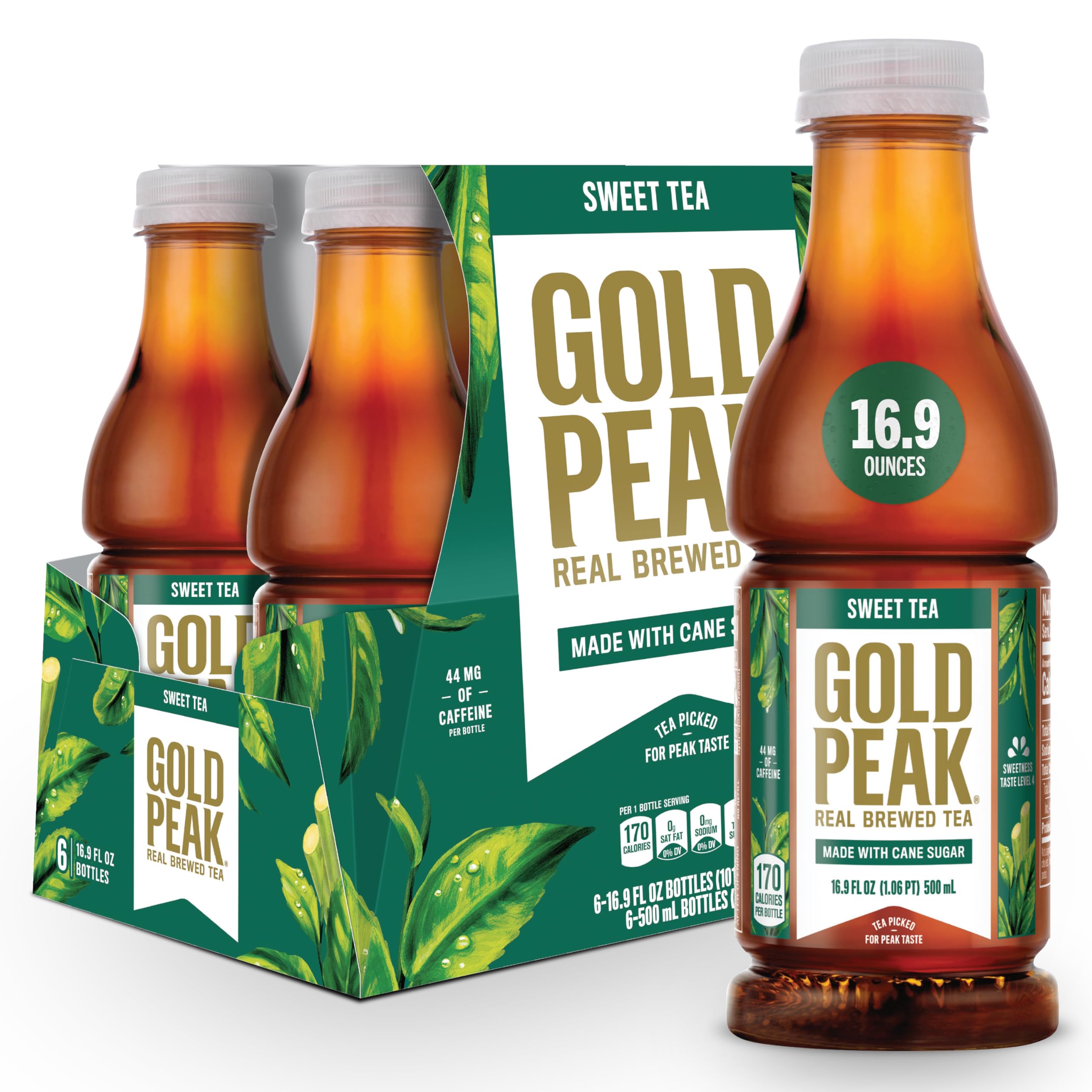 Gold Peak Sweet Tea bottle close-up highlighting real brewed flavor