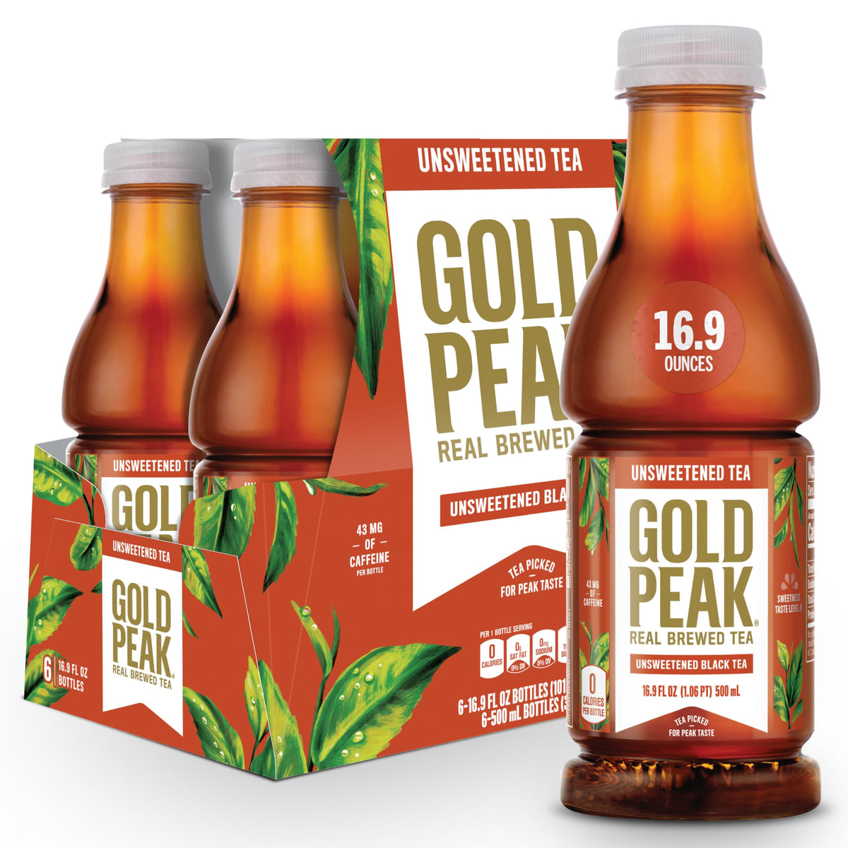 Gold Peak Unsweetened Tea 16.9 oz bottle in a six-pack for on-the-go refreshment.