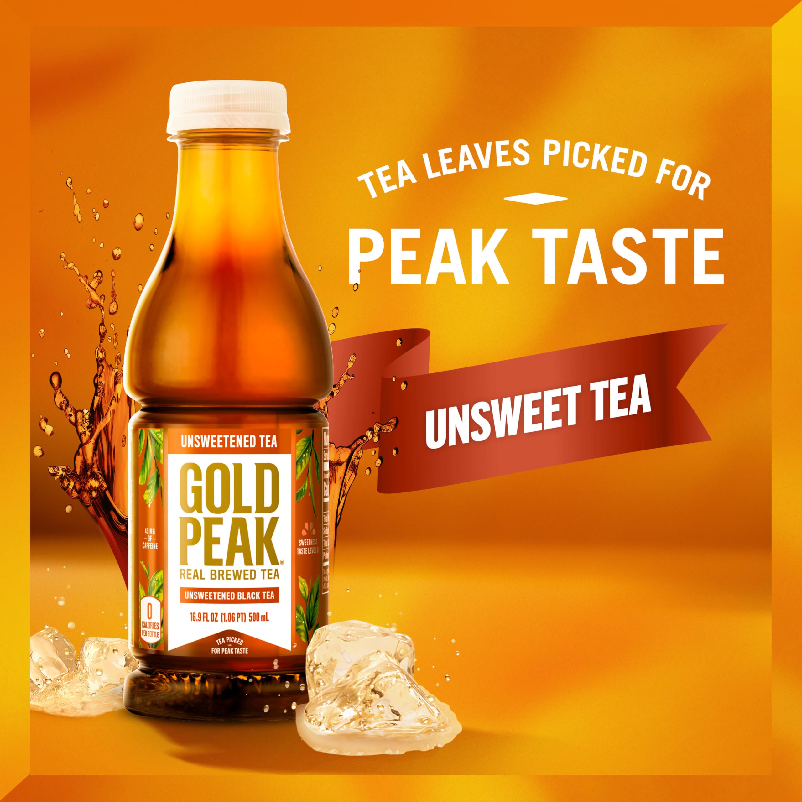 Gold Peak Unsweetened Tea bottle on counter showcasing real brewed flavor.