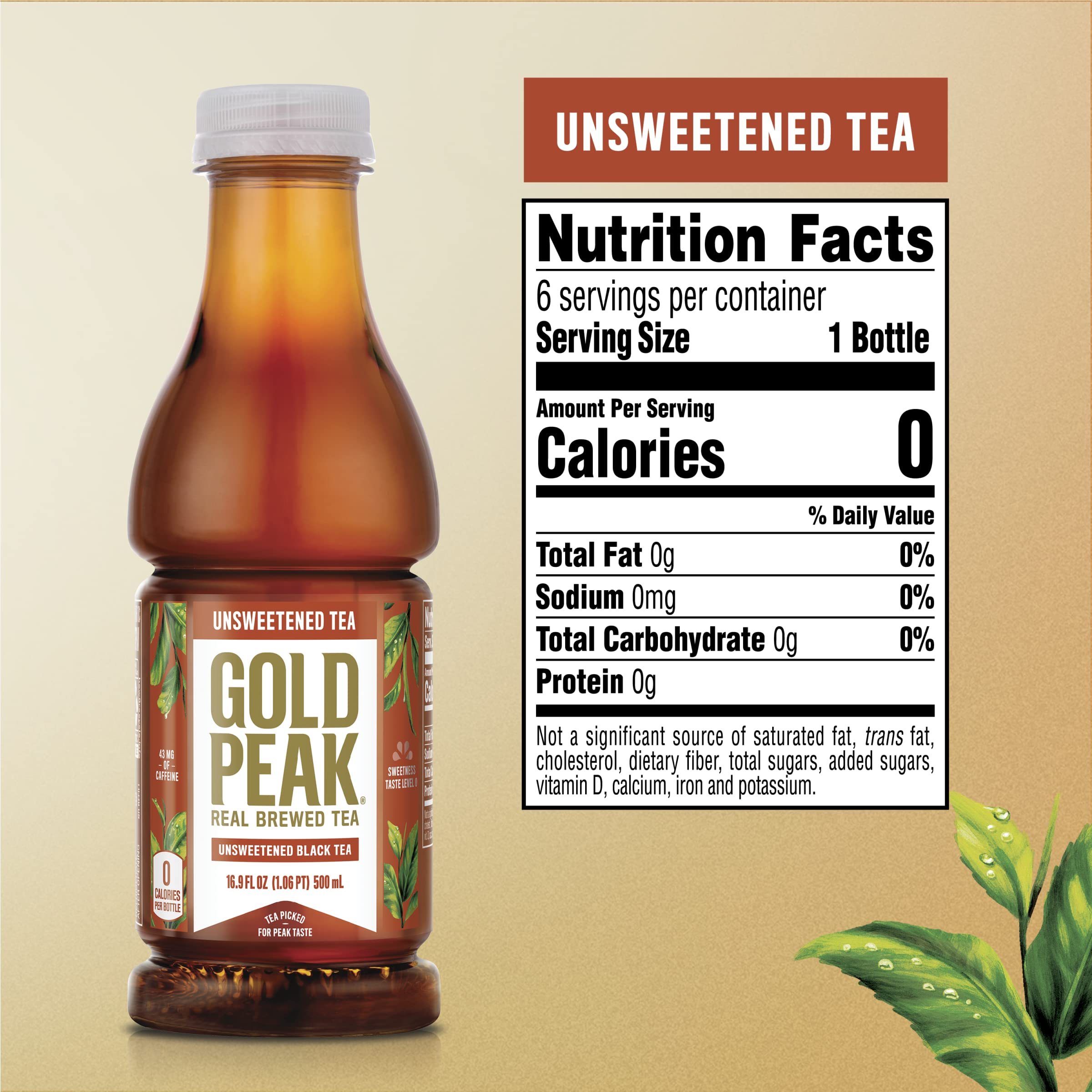 Gold Peak Unsweetened Tea ingredients-water leaves closeup for pure flavor.