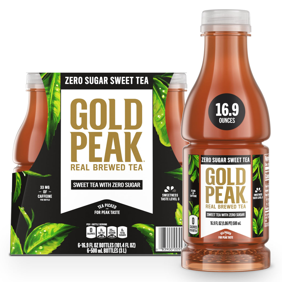 Gold Peak Zero Sugar Tea bottle—refreshing zero-calorie hydration.