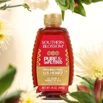 Golden Blossom 32oz bottle on kitchen counter emphasizes pure U.S. honey
